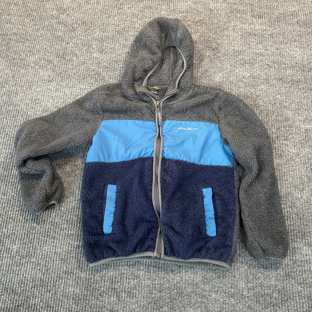 Eddie Bauer Kids Sherpa Fleece Hoodie M 10/12 Blue Grey Colorblock Zip Up